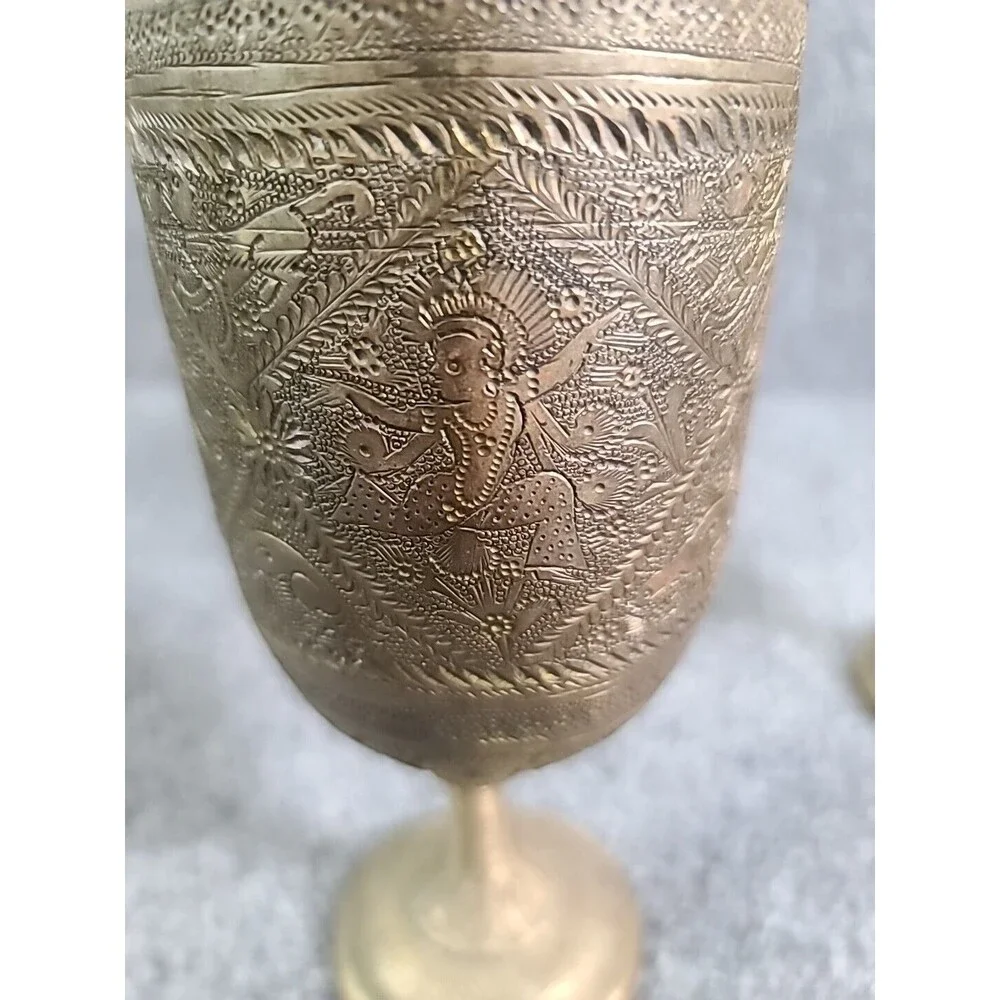 Vintage Set Of 2 Rare Handetched Brass Goblets Chalise Removable Stems His & Her